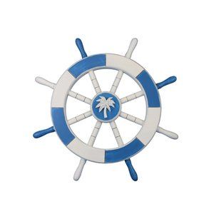 Hampton Nautical Light Blue & White Decorative Ship Wheel With Palm Tree 18"😻